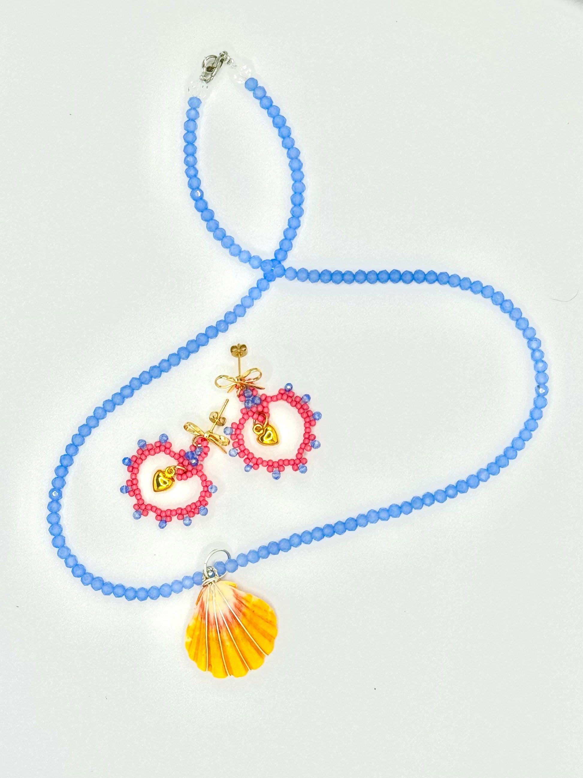 Pink Blue Handmade Seed Bead Heart Earrings
