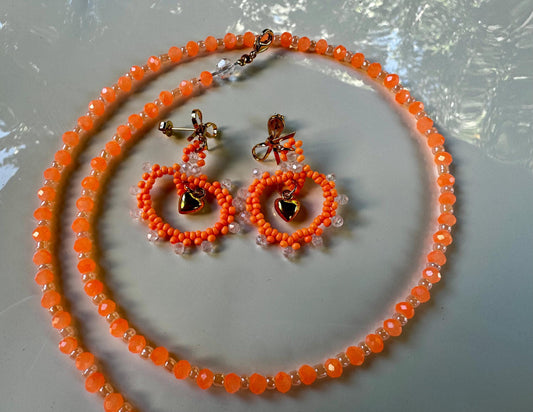 Fluorescent Orange Handmade Beaded Necklace, featuring Swarovski crystals