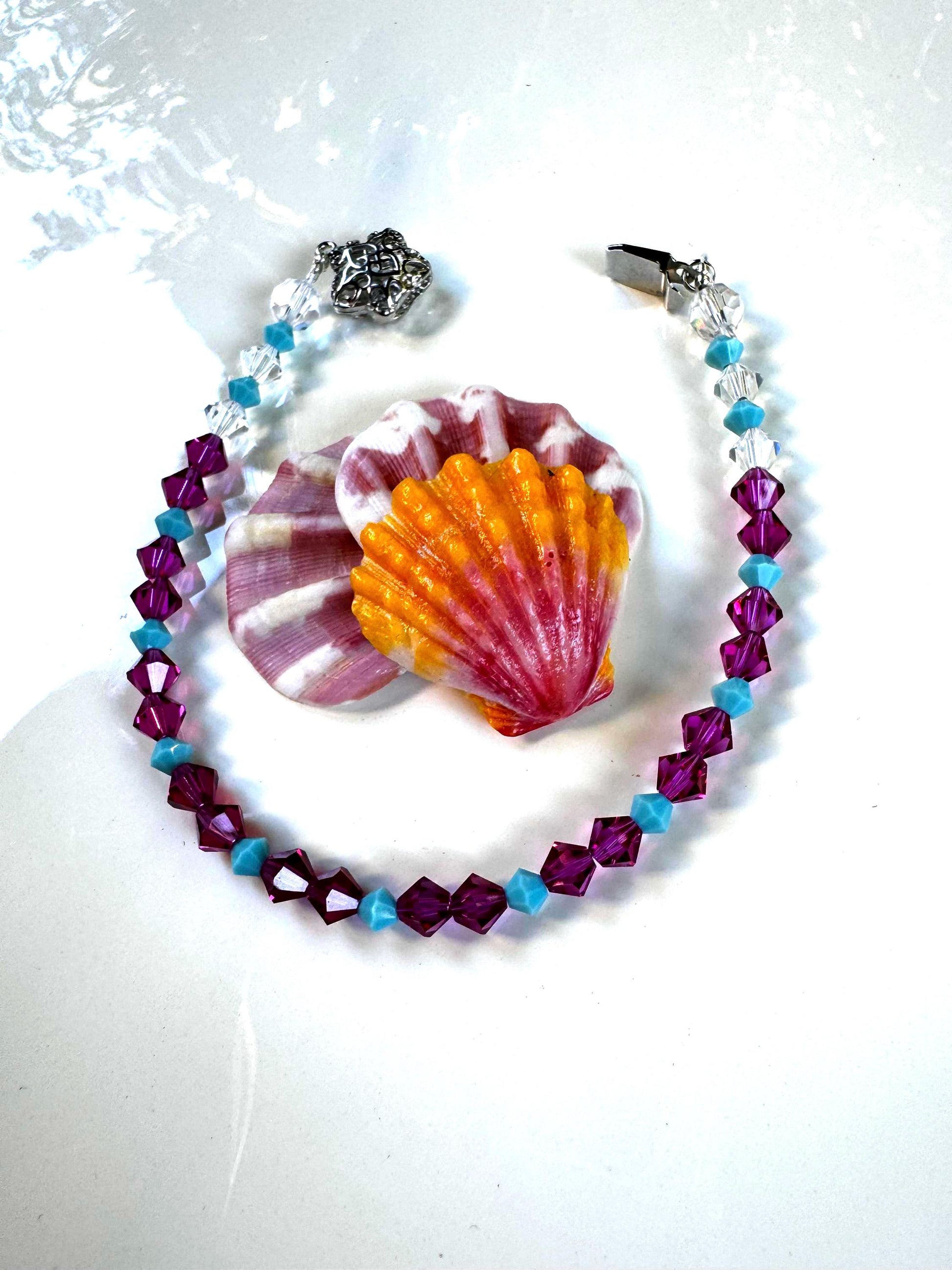 Hot Pink Fucia & Pale Blue Crystal Bracelet with European Beads