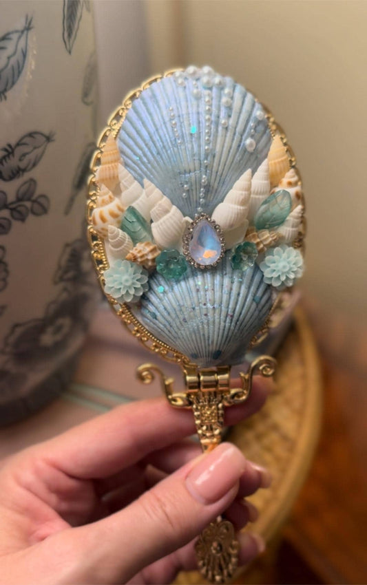 Natural Handmade Crystal Seashell Mirror, Mothers Day, Wedding Mirror, Bridesmaid, Birthday, custom gift. Blue.