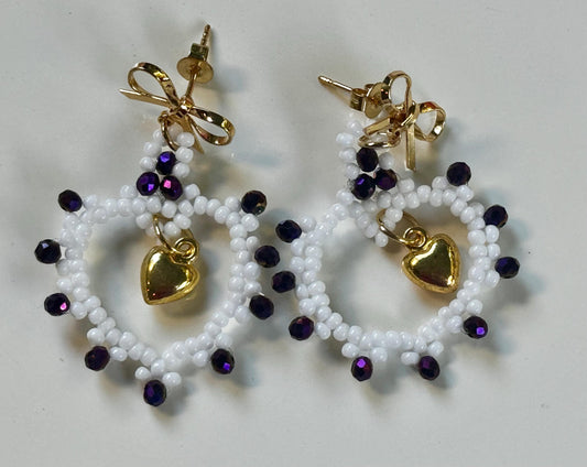 Royal Purple & White Handmade Seed Bead Heart Earrings