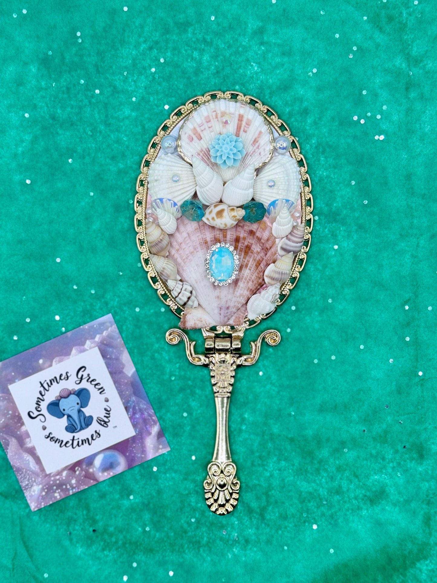Blue Green Handmade Shell Mirror, Wedding Accessories, Birthday Present, Mothers Day, Customised