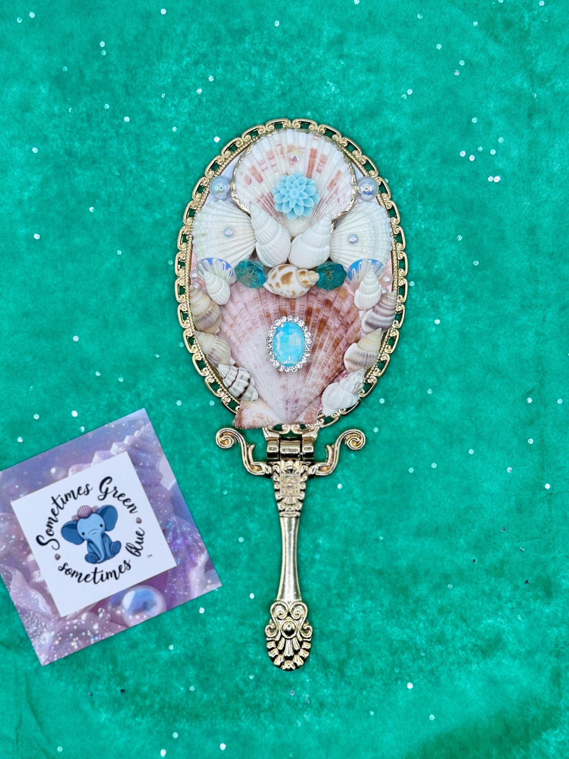 Blue Green Handmade Shell Mirror, Wedding Accessories, Birthday Present, Mothers Day, Customised