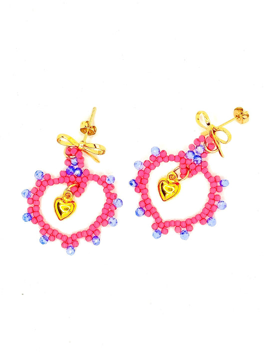Pink Blue Handmade Seed Bead Heart Earrings