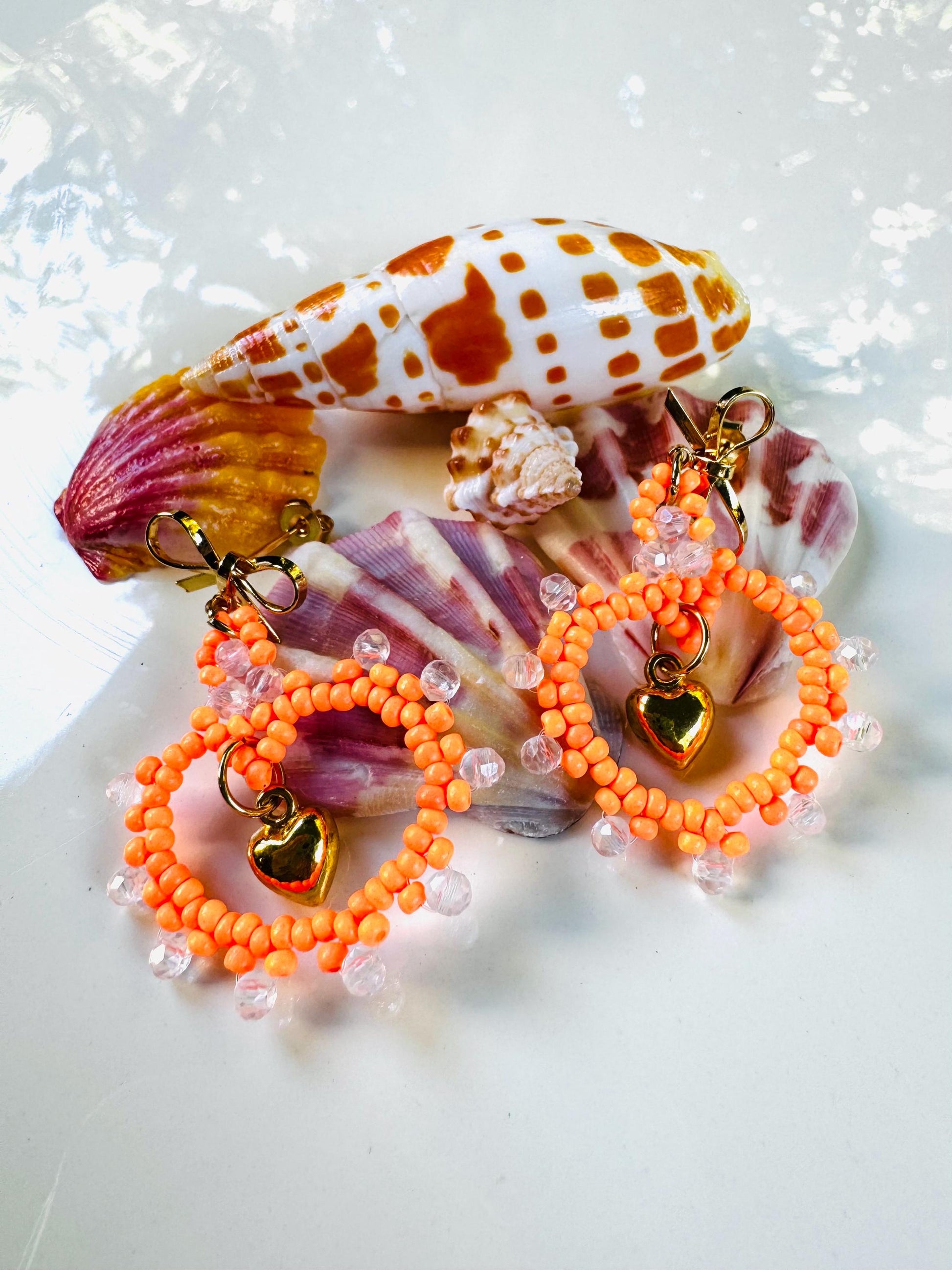 Orange Crystal Handmade Seed Bead Heart Earrings