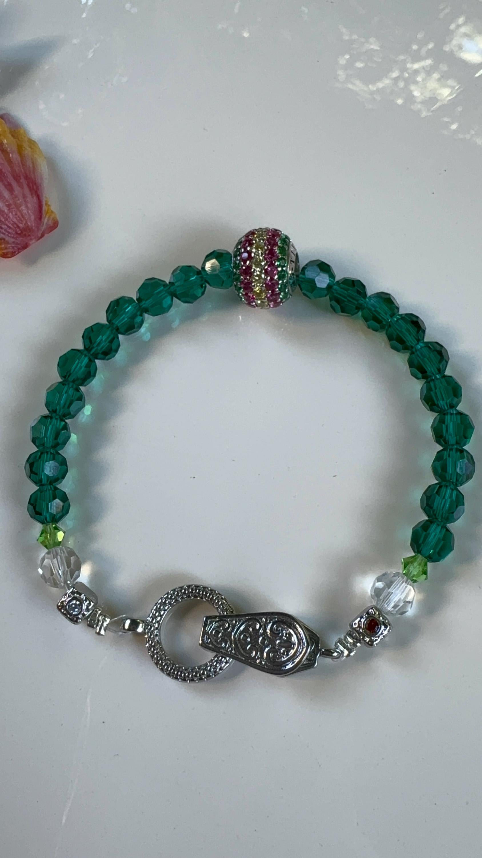 Emerald Green Crystal Bracelet feat Rondelle Rhodium Plated 925 Sterling Silver European Beads