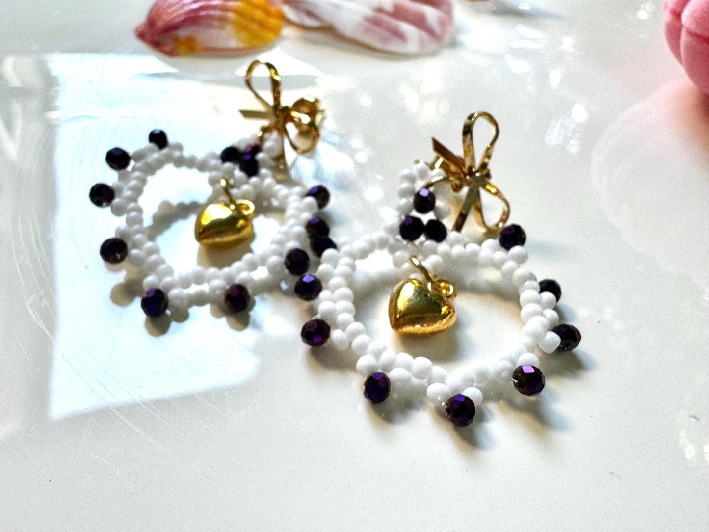 Royal Purple & White Handmade Seed Bead Heart Earrings