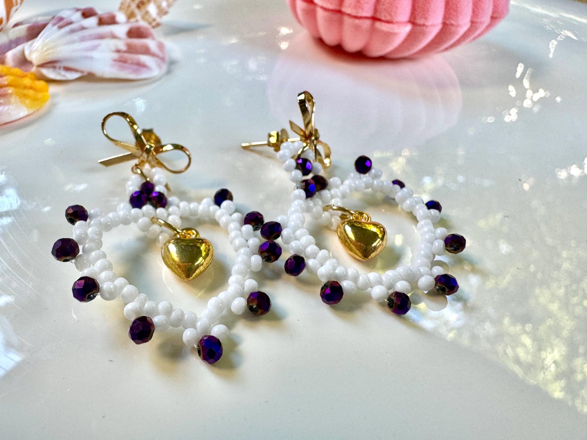 Royal Purple & White Handmade Seed Bead Heart Earrings