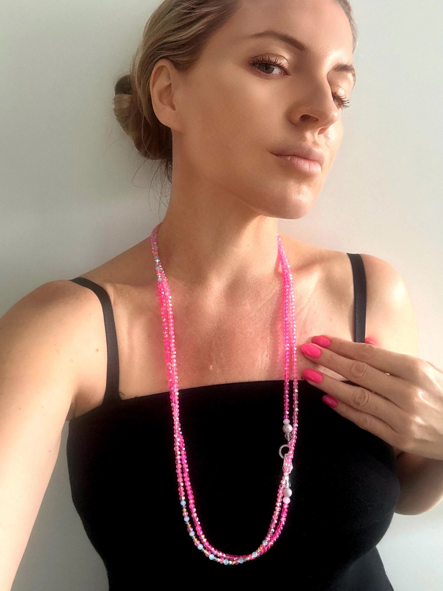 Qld Sunset ~ Hot Pink Crystal Statement Necklace ~ Extra Long Czech Crystal Necklace