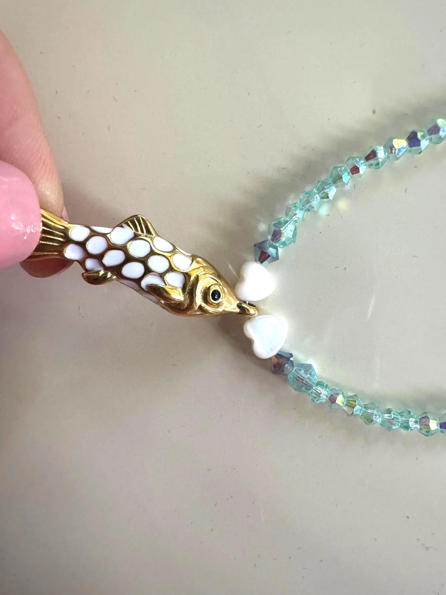 Blue-Green Crystal Necklace with Gold Fish Pendant