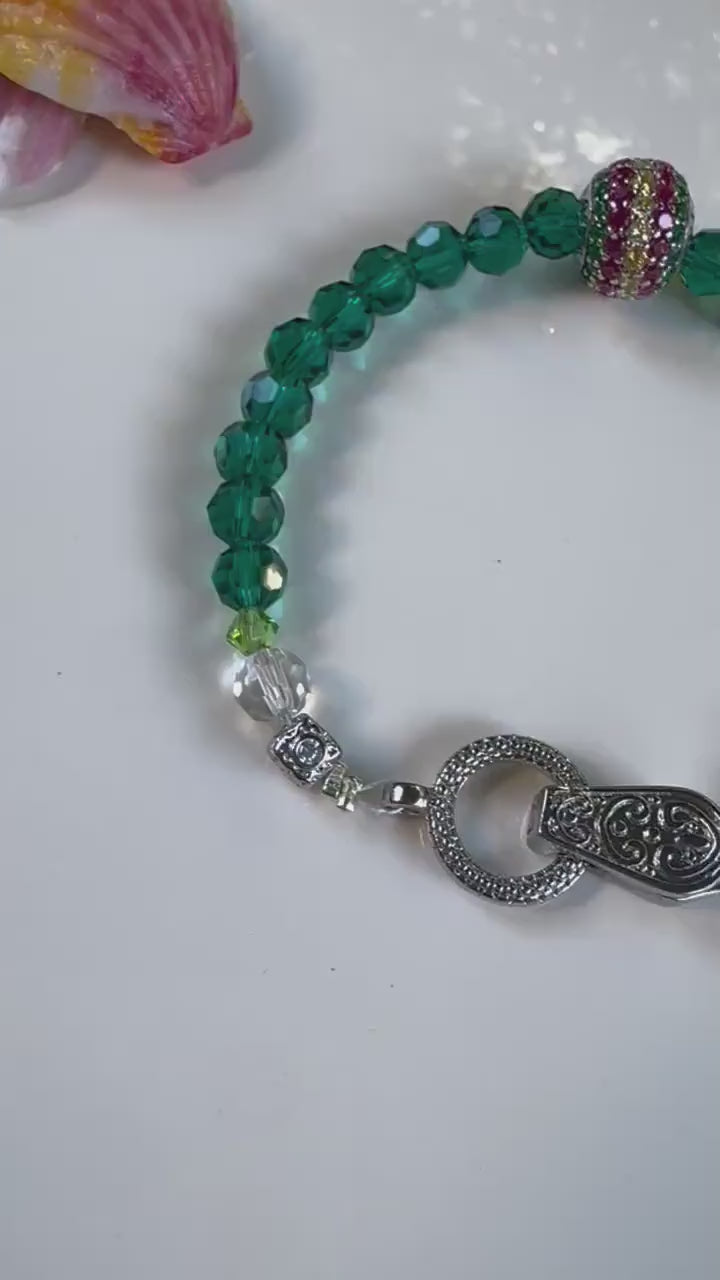 Emerald Green Crystal Bracelet feat Rondelle Rhodium Plated 925 Sterling Silver European Beads