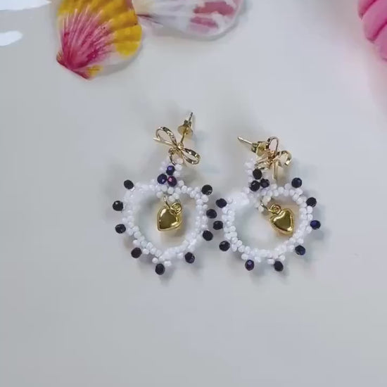 Royal Purple & White Handmade Seed Bead Heart Earrings
