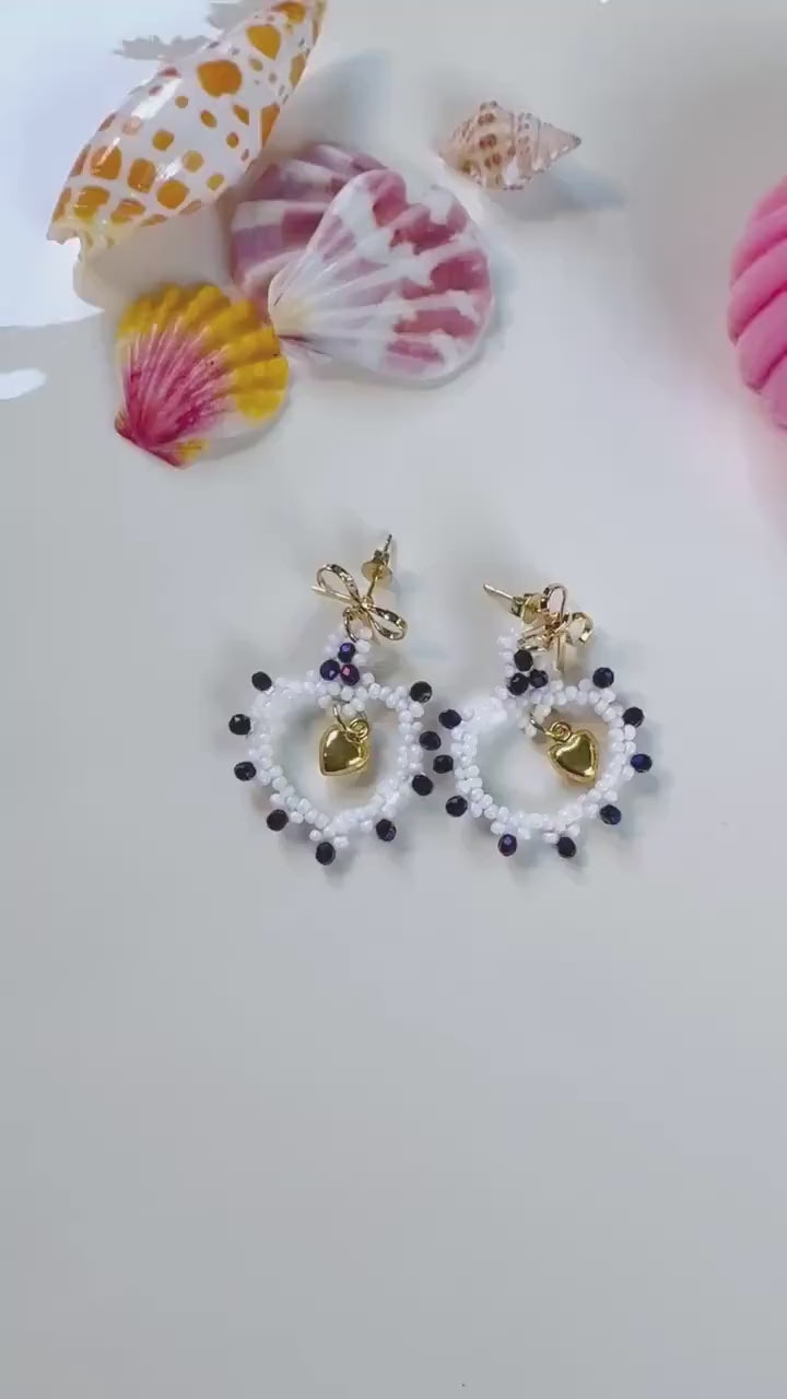 Royal Purple & White Handmade Seed Bead Heart Earrings